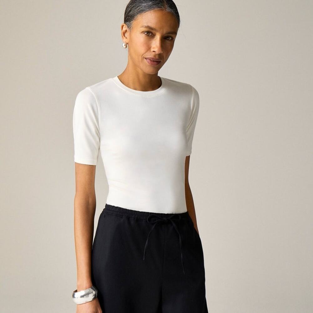 J.Crew Refined Rib Elbow-Sleeve T-Shirt SZ M Off-white CrewNeck Pullover Stretch